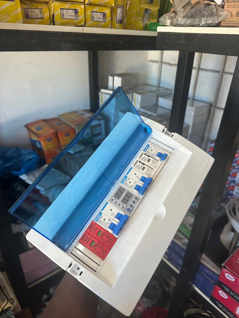 Distribution board fitted with CHINT breakers, digital voltage protector and UNIC surge arresters
