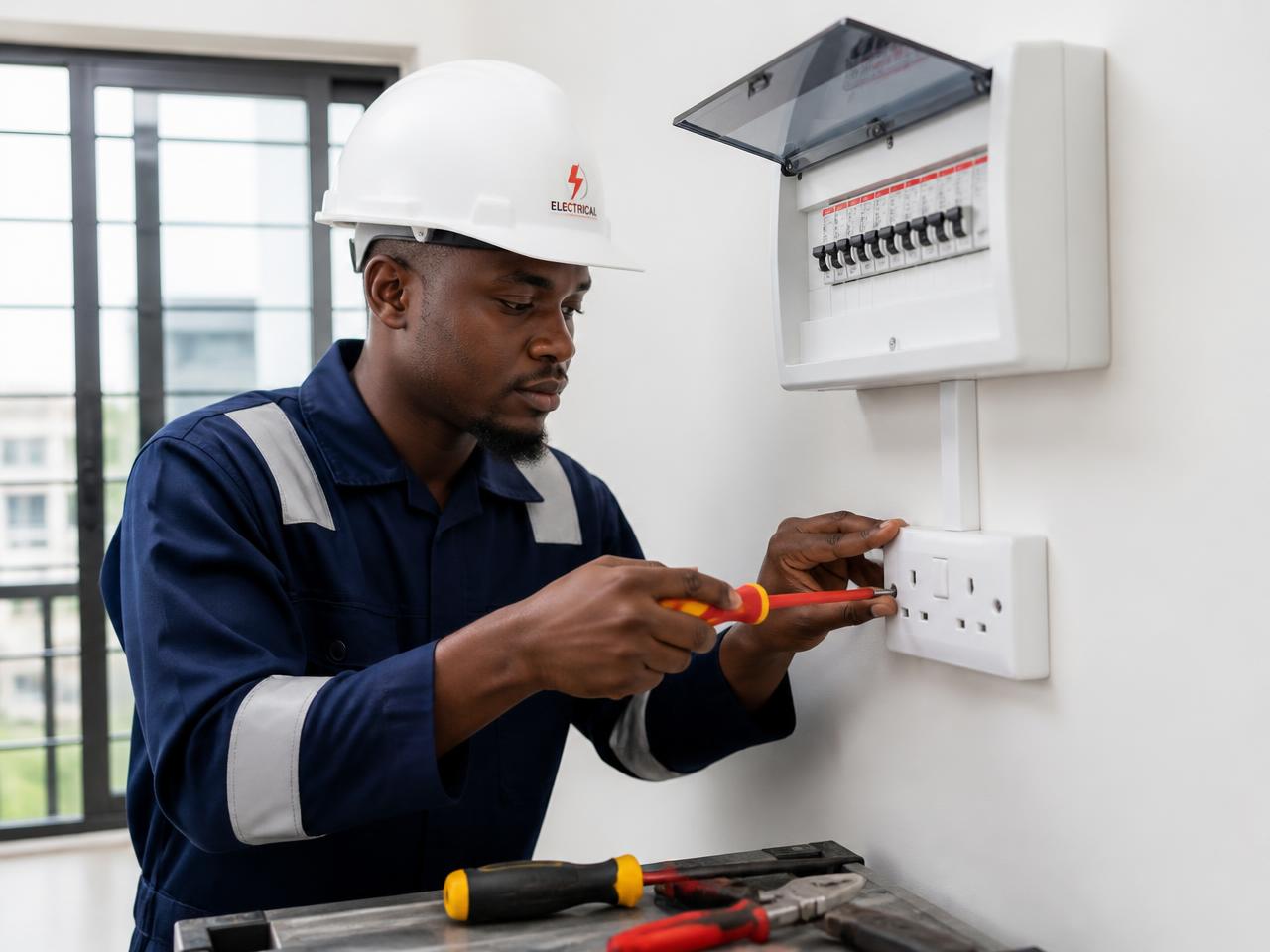 Beta Electricals electrician installing a socket and distribution board
